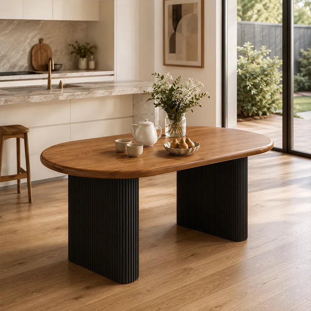 LIVARA Modern Solid Pine Wood Dining Table 50mm Thick Rounded Rectangular Top Fluted Carbon Steel Pedestal Legs 140/160cm for Dining Room - Walnut & Black