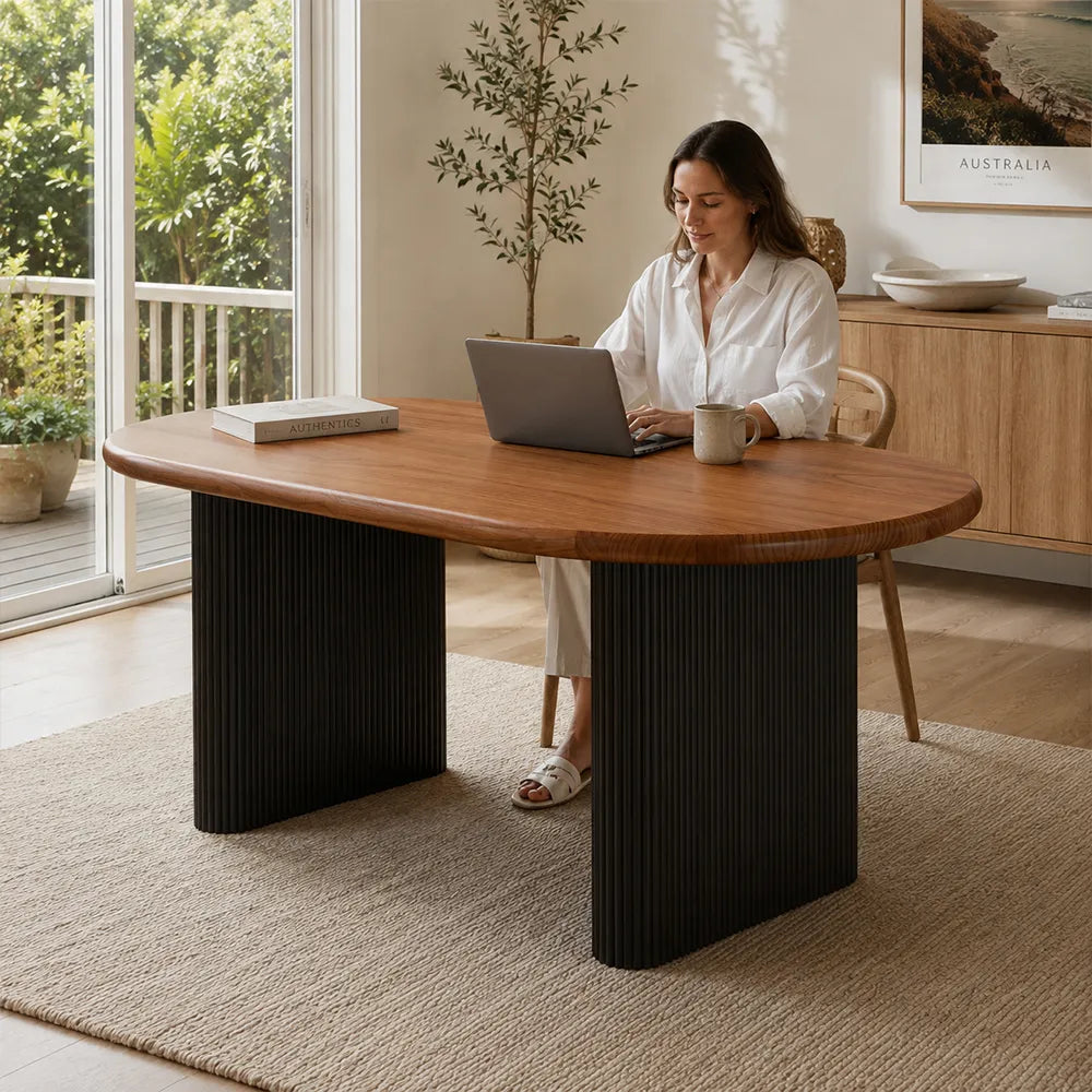 LIVARA Modern Solid Pine Wood Dining Table 50mm Thick Rounded Rectangular Top Fluted Carbon Steel Pedestal Legs 140/160cm for Dining Room - Walnut & Black
