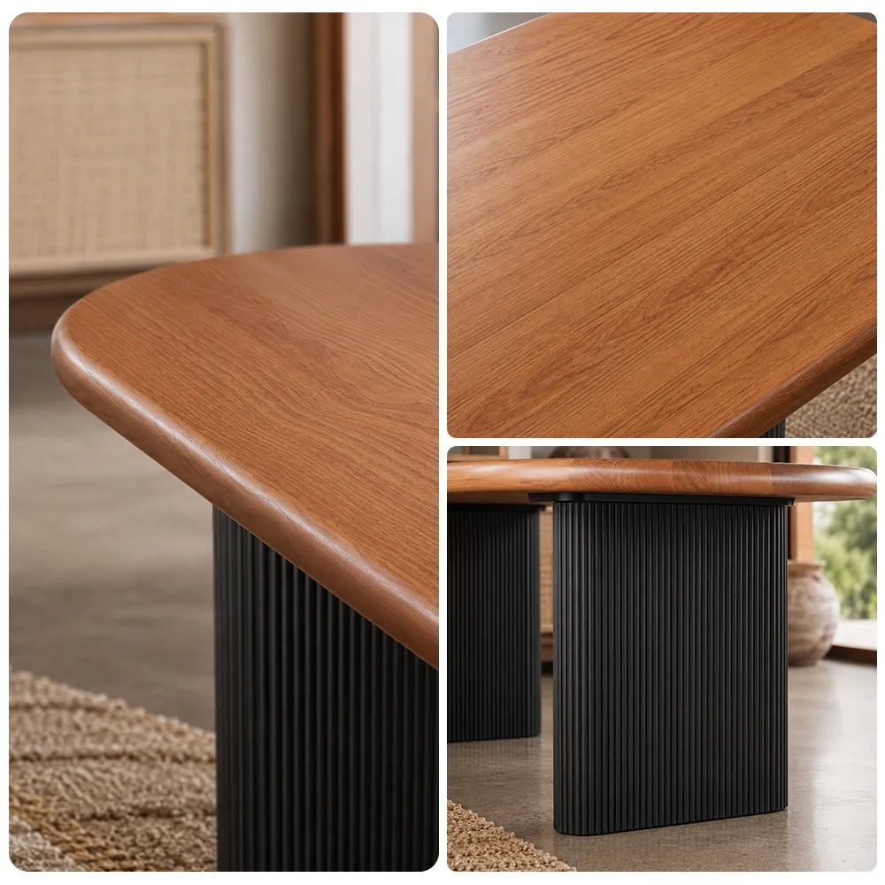 LIVARA Modern Solid Pine Wood Dining Table 50mm Thick Rounded Rectangular Top Fluted Carbon Steel Pedestal Legs 140/160cm for Dining Room - Walnut & Black