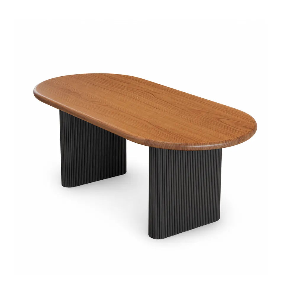 LIVARA Modern Solid Pine Wood Dining Table 50mm Thick Rounded Rectangular Top Fluted Carbon Steel Pedestal Legs 140/160cm for Dining Room - Walnut & Black