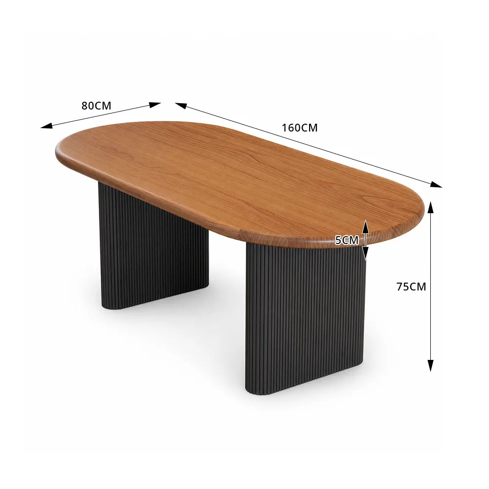 LIVARA Modern Solid Pine Wood Dining Table 50mm Thick Rounded Rectangular Top Fluted Carbon Steel Pedestal Legs 140/160cm for Dining Room - Walnut & Black