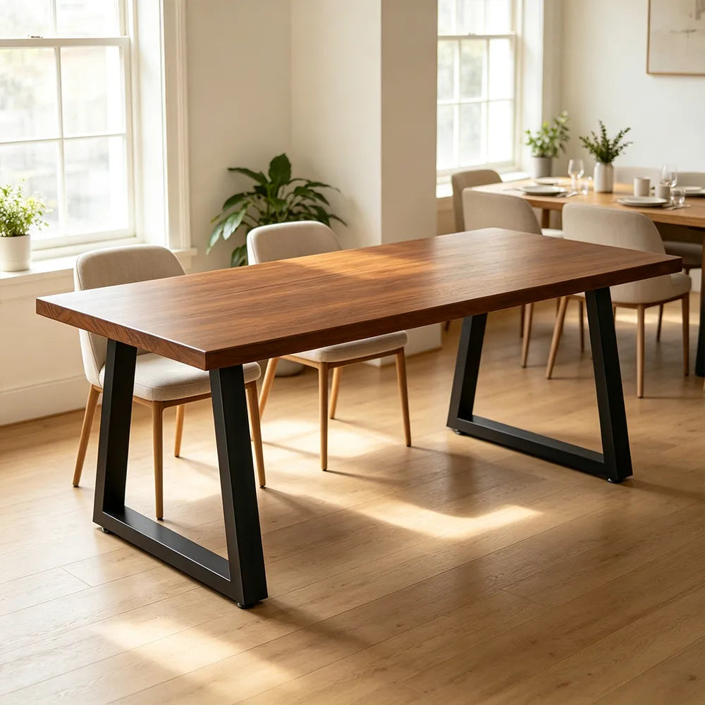 LIVARA Modern Rectangular Solid Hemlock Wood Dining Table 45mm Thick Top Sturdy Trapezoid Metal Legs 160/180cm for Dining Room - Walnut & Black