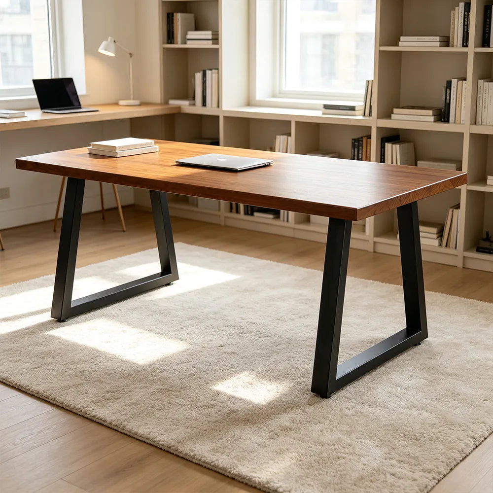 LIVARA Modern Rectangular Solid Hemlock Wood Dining Table 45mm Thick Top Sturdy Trapezoid Metal Legs 160/180cm for Dining Room - Walnut & Black