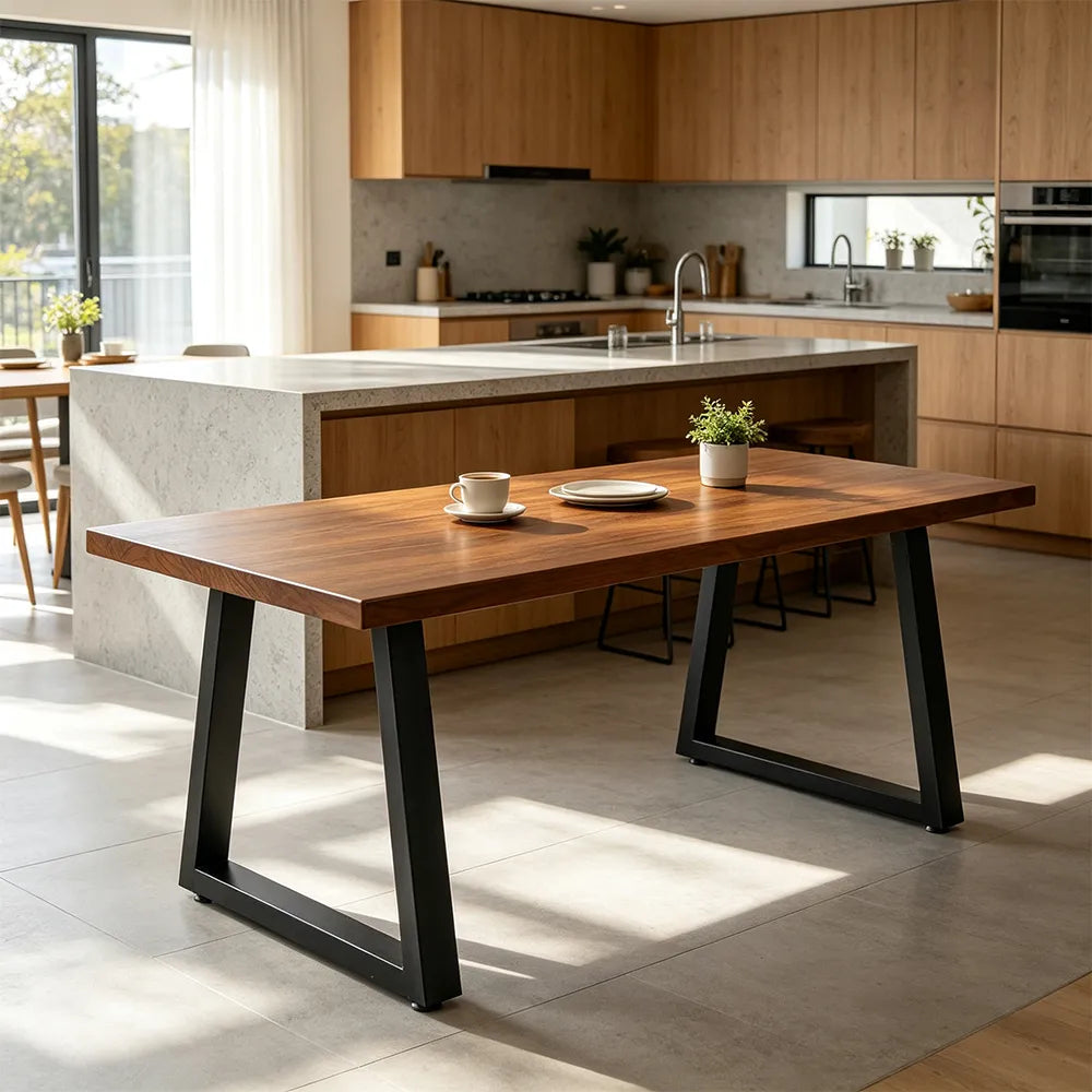 LIVARA Modern Rectangular Solid Hemlock Wood Dining Table 45mm Thick Top Sturdy Trapezoid Metal Legs 160/180cm for Dining Room - Walnut & Black