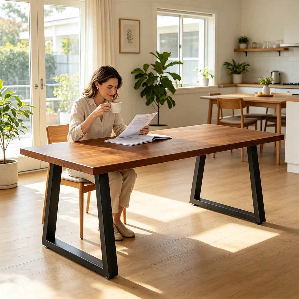 LIVARA Modern Rectangular Solid Hemlock Wood Dining Table 45mm Thick Top Sturdy Trapezoid Metal Legs 160/180cm for Dining Room - Walnut & Black
