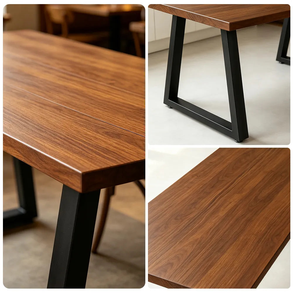 LIVARA Modern Rectangular Solid Hemlock Wood Dining Table 45mm Thick Top Sturdy Trapezoid Metal Legs 160/180cm for Dining Room - Walnut & Black