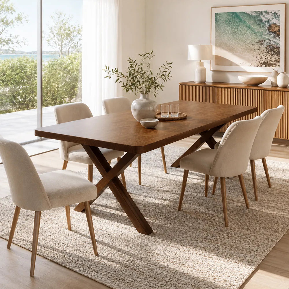 LIVARA Modern Rectangular Solid Pine Wood Dining Table 50mm Thick Top Crossed Wooden Legs 140/160cm for Dining Room Kitchen - Walnut