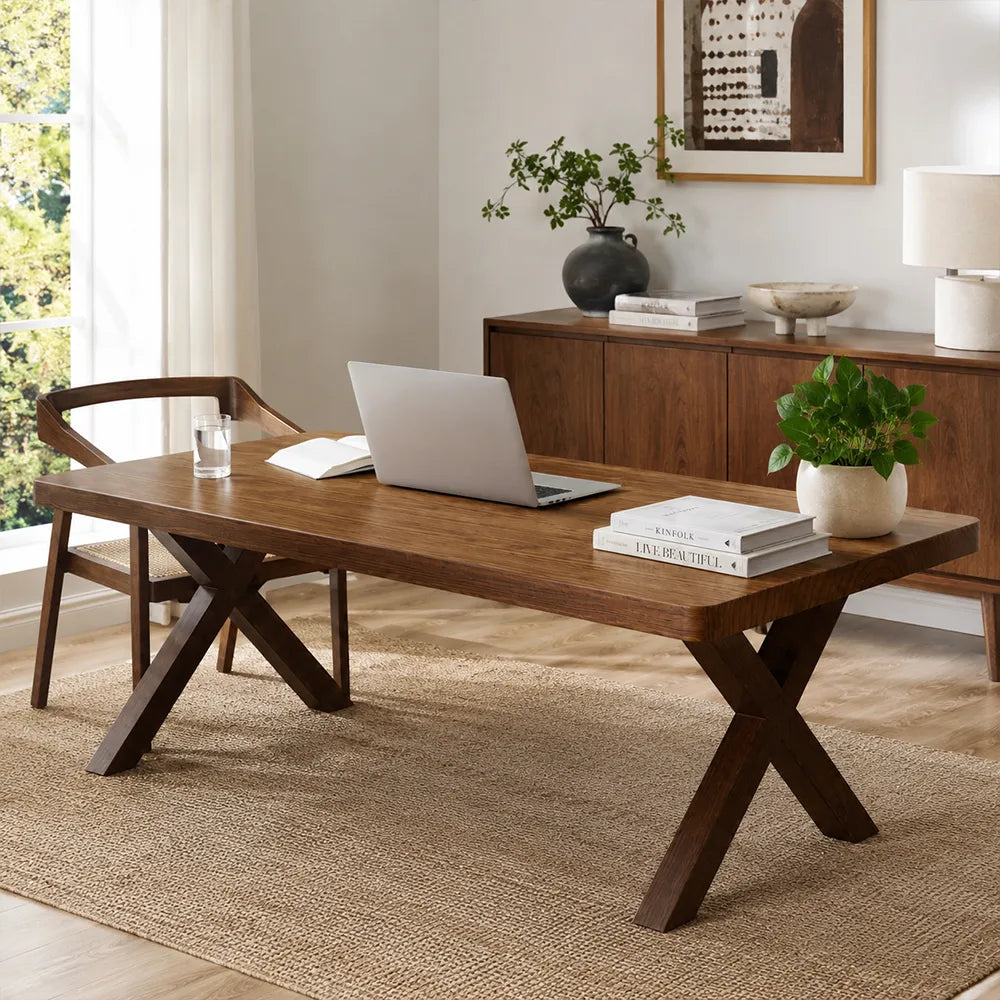 LIVARA Modern Rectangular Solid Pine Wood Dining Table 50mm Thick Top Crossed Wooden Legs 140/160cm for Dining Room Kitchen - Walnut