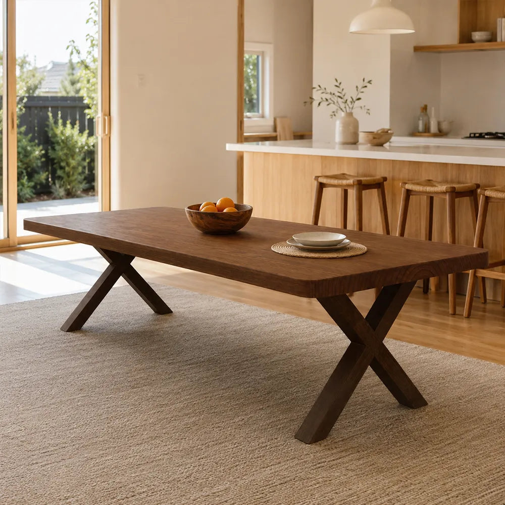 LIVARA Modern Rectangular Solid Pine Wood Dining Table 50mm Thick Top Crossed Wooden Legs 140/160cm for Dining Room Kitchen - Walnut