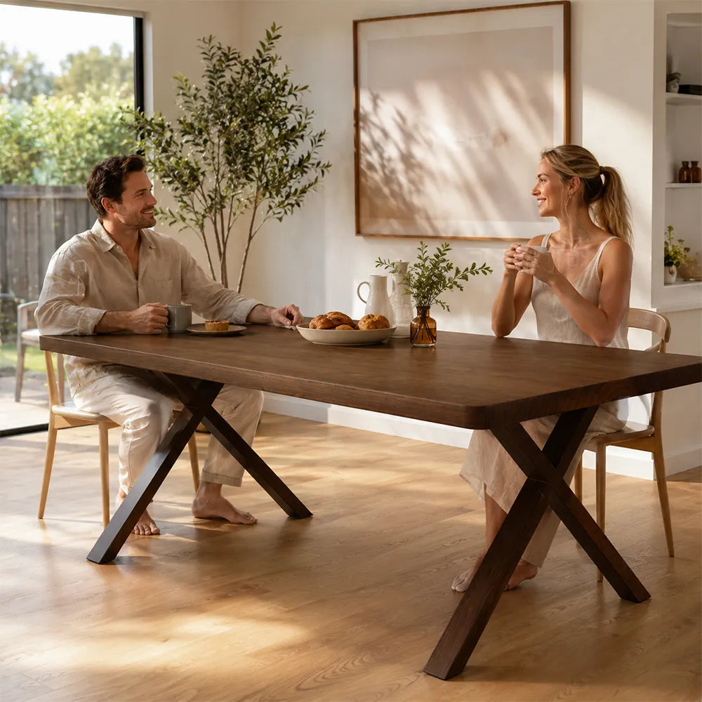 LIVARA Modern Rectangular Solid Pine Wood Dining Table 50mm Thick Top Crossed Wooden Legs 140/160cm for Dining Room Kitchen - Walnut