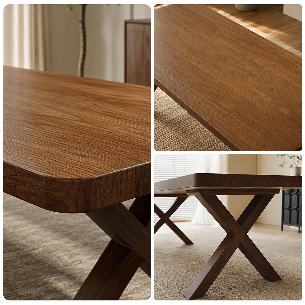 LIVARA Modern Rectangular Solid Pine Wood Dining Table 50mm Thick Top Crossed Wooden Legs 140/160cm for Dining Room Kitchen - Walnut