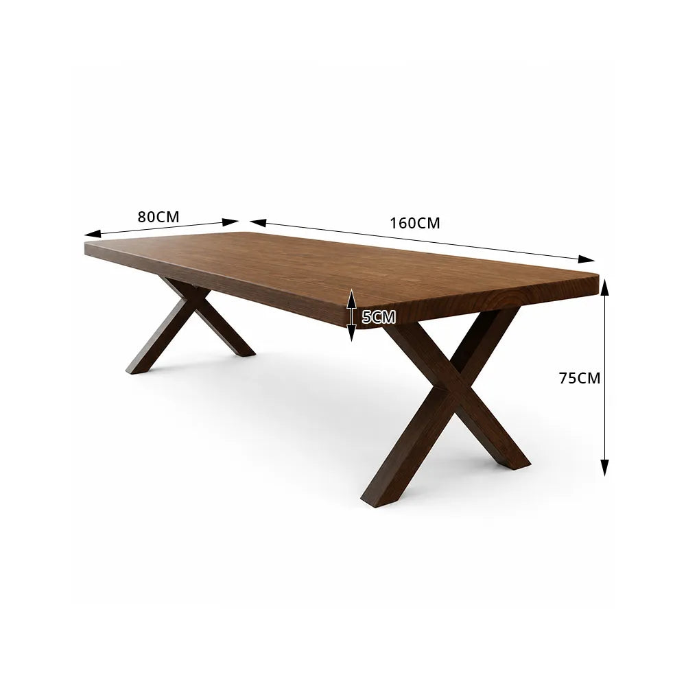 LIVARA Modern Rectangular Solid Pine Wood Dining Table 50mm Thick Top Crossed Wooden Legs 140/160cm for Dining Room Kitchen - Walnut