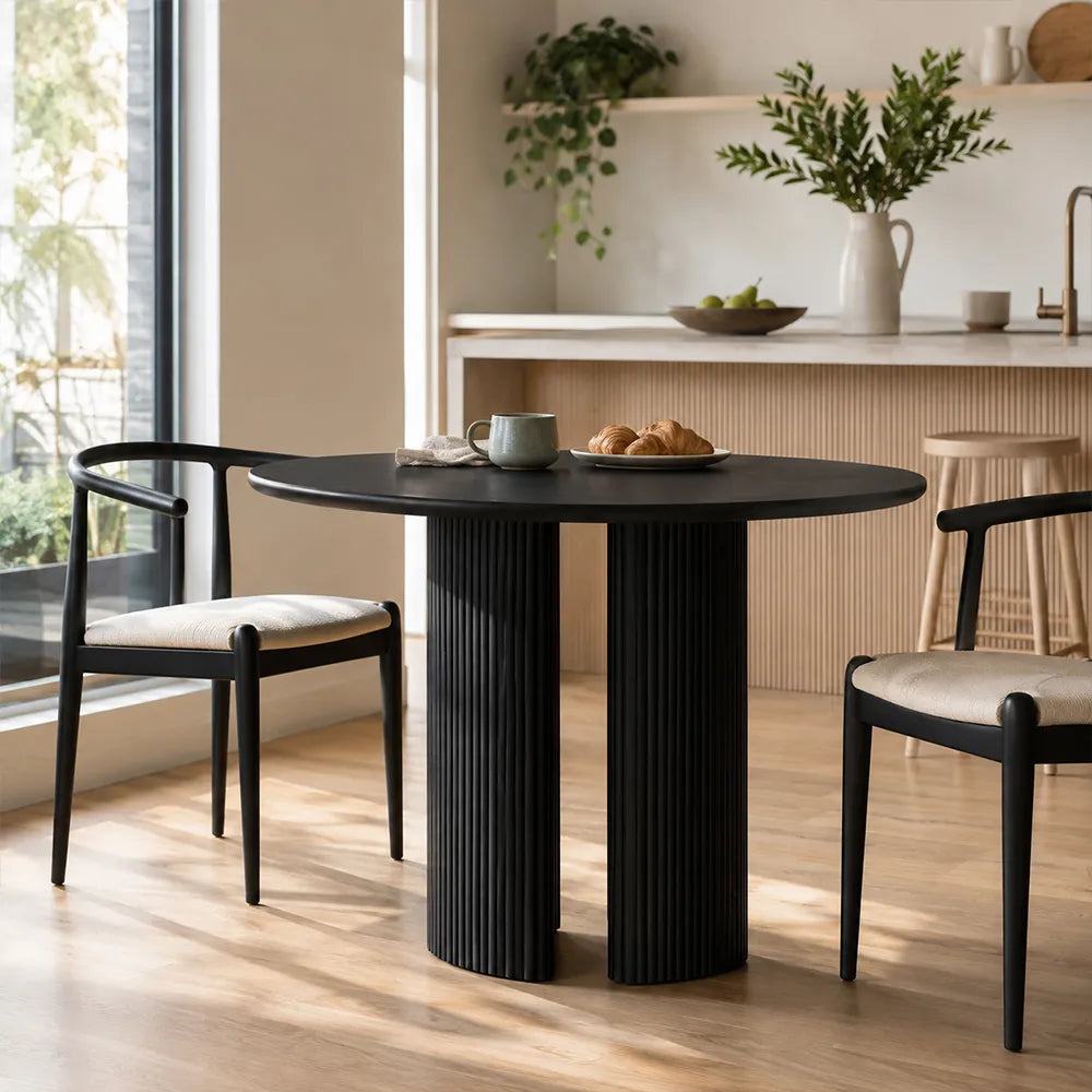 LIVARA Modern Square Solid Pine Wood Dining Table Smooth Top Double Fluted Pedestal Base 90/100cm for Dining Room Kitchen - Black