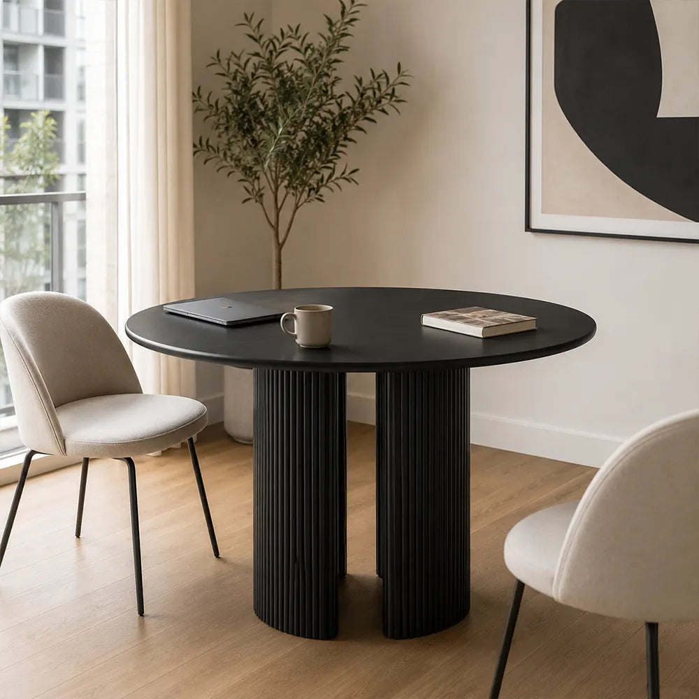 LIVARA Modern Square Solid Pine Wood Dining Table Smooth Top Double Fluted Pedestal Base 90/100cm for Dining Room Kitchen - Black