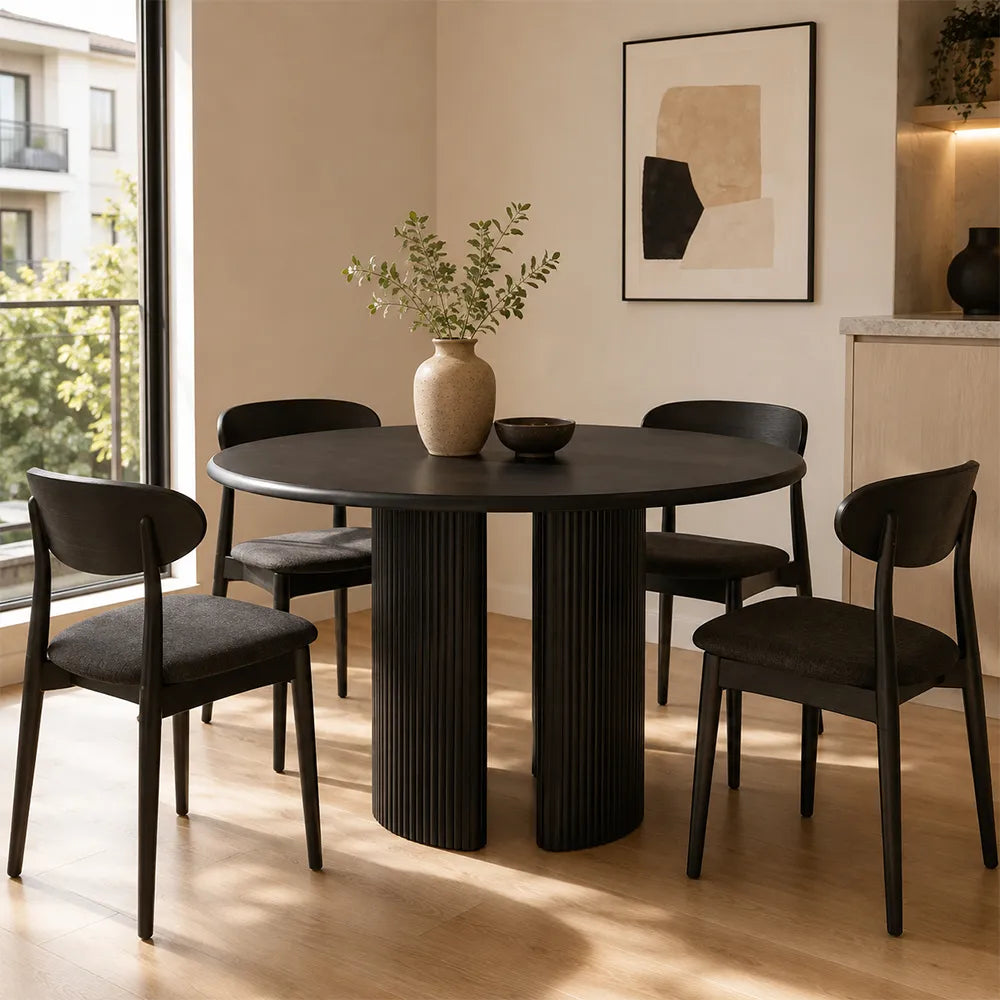 LIVARA Modern Square Solid Pine Wood Dining Table Smooth Top Double Fluted Pedestal Base 90/100cm for Dining Room Kitchen - Black