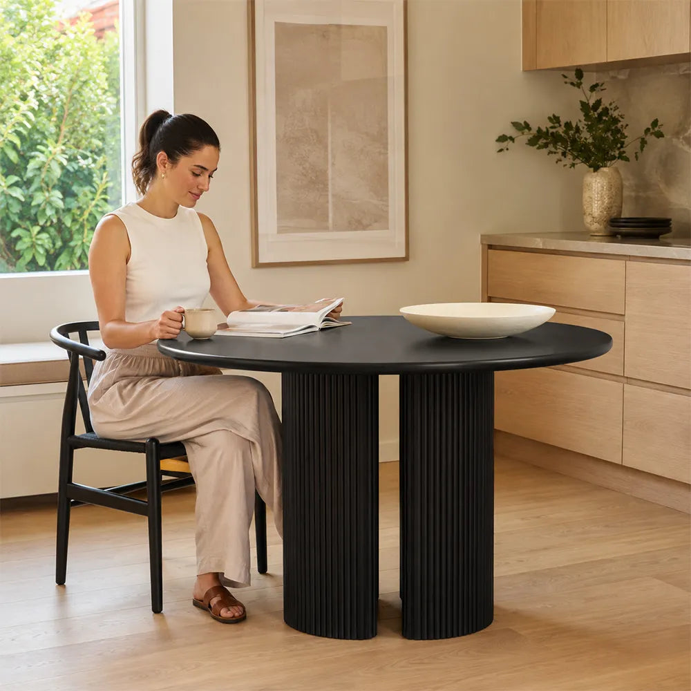 LIVARA Modern Square Solid Pine Wood Dining Table Smooth Top Double Fluted Pedestal Base 90/100cm for Dining Room Kitchen - Black