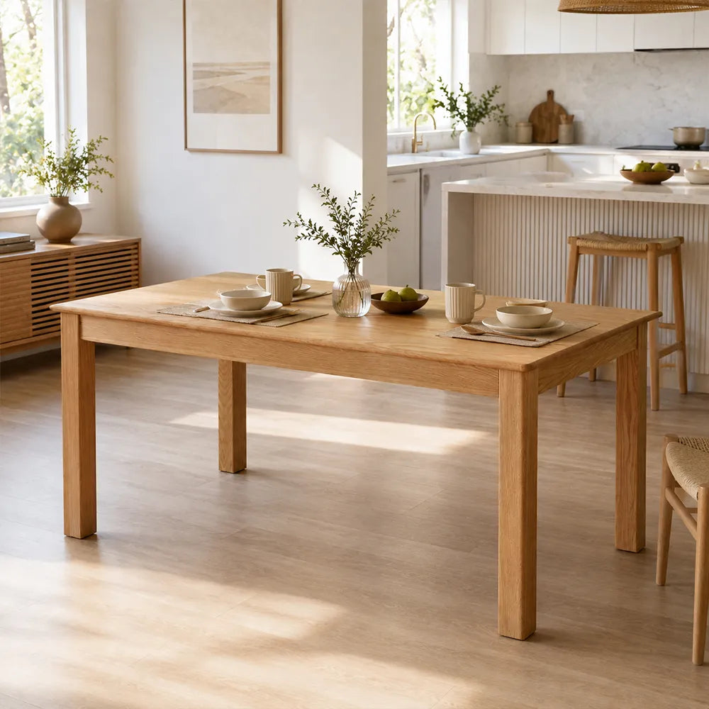 LIVARA Modern Rectangular Solid Red Oak Dining Table 20mm Thick Top Reinforced Wooden Legs 140cm for Dining Room Kitchen - Natural Wood
