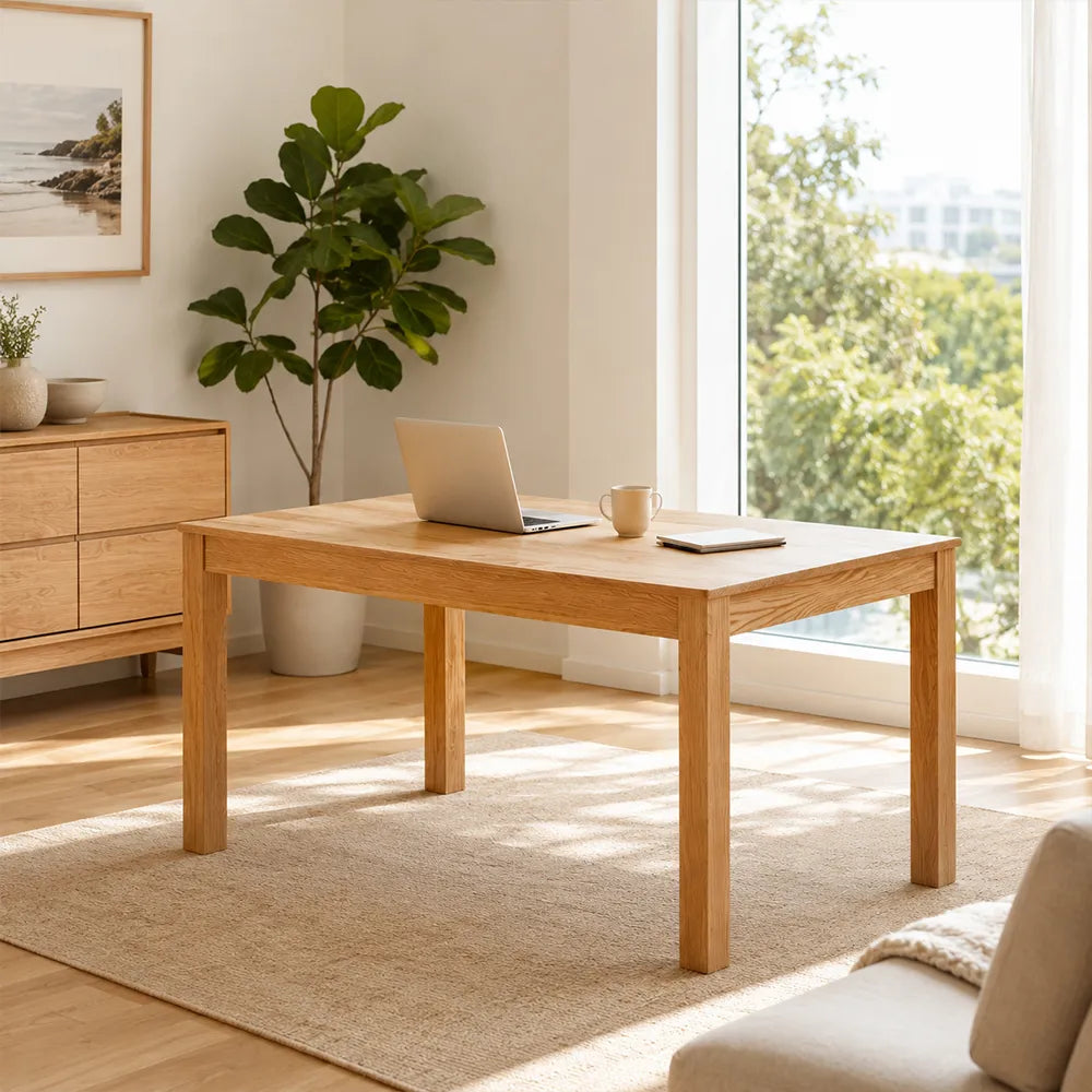 LIVARA Modern Rectangular Solid Red Oak Dining Table 20mm Thick Top Reinforced Wooden Legs 140cm for Dining Room Kitchen - Natural Wood