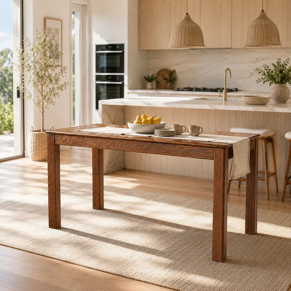 LIVARA Modern Rectangular Solid Red Oak Dining Table 20mm Thick Top Reinforced Wooden Legs 140cm for Dining Room Kitchen - Walnut