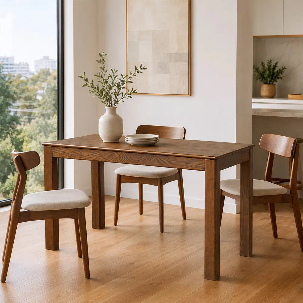 LIVARA Modern Rectangular Solid Red Oak Dining Table 20mm Thick Top Reinforced Wooden Legs 140cm for Dining Room Kitchen - Walnut