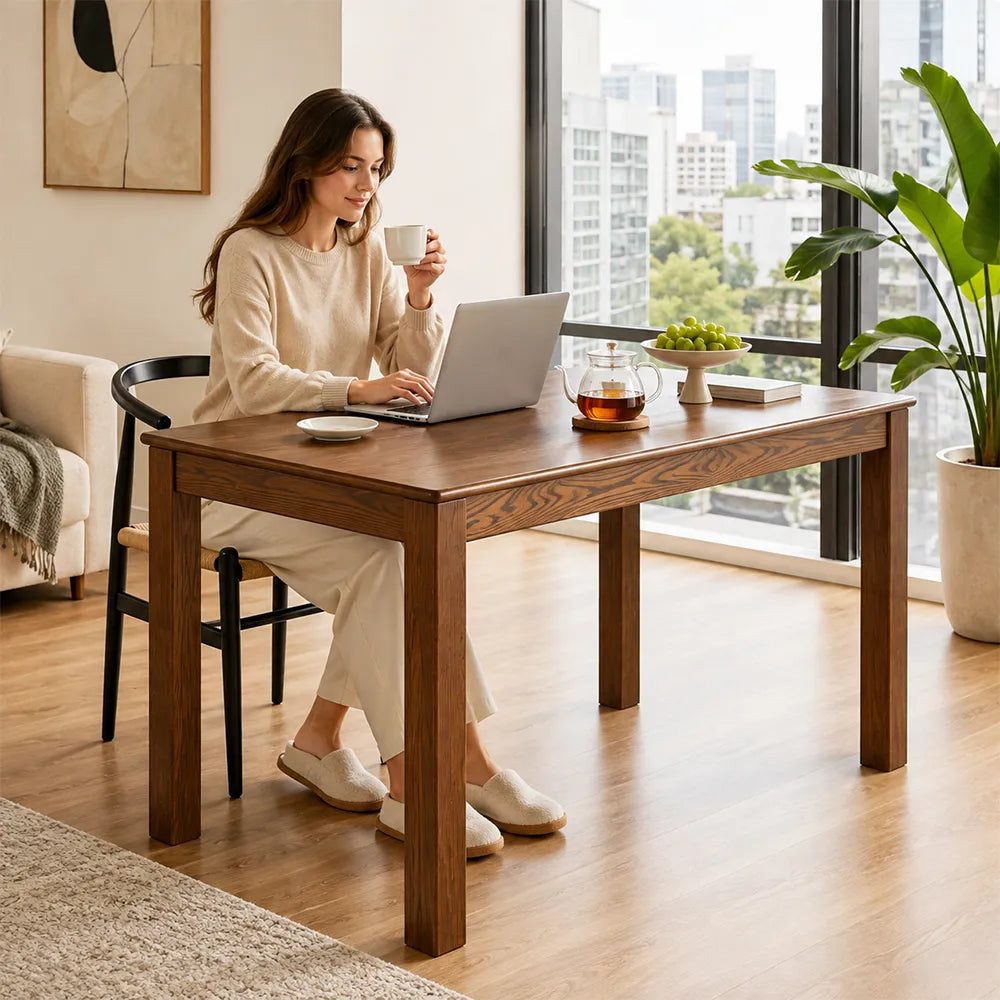 LIVARA Modern Rectangular Solid Red Oak Dining Table 20mm Thick Top Reinforced Wooden Legs 140cm for Dining Room Kitchen - Walnut