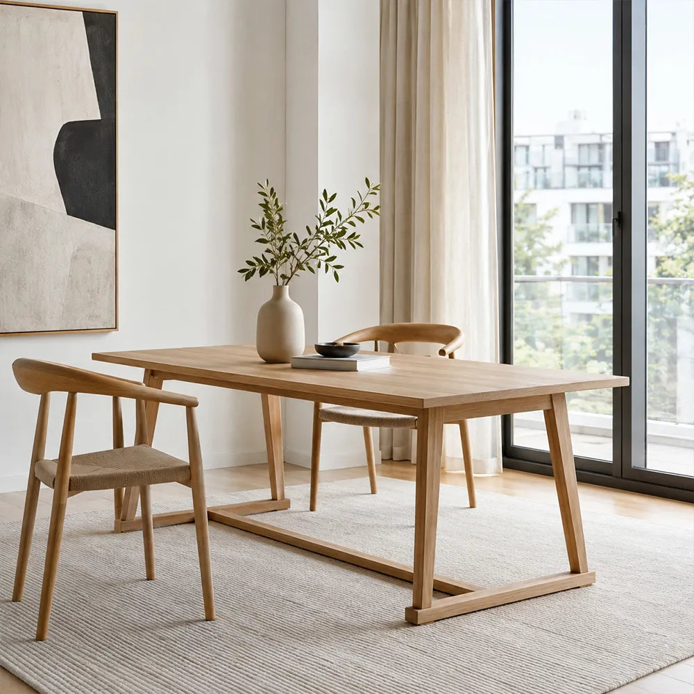 LIVARA Modern Rectangular Solid Pine Wood Dining Table 50mm Thick Top Sturdy Trestle Base 140/160cm for Dining Room Home Office - Natural Wood