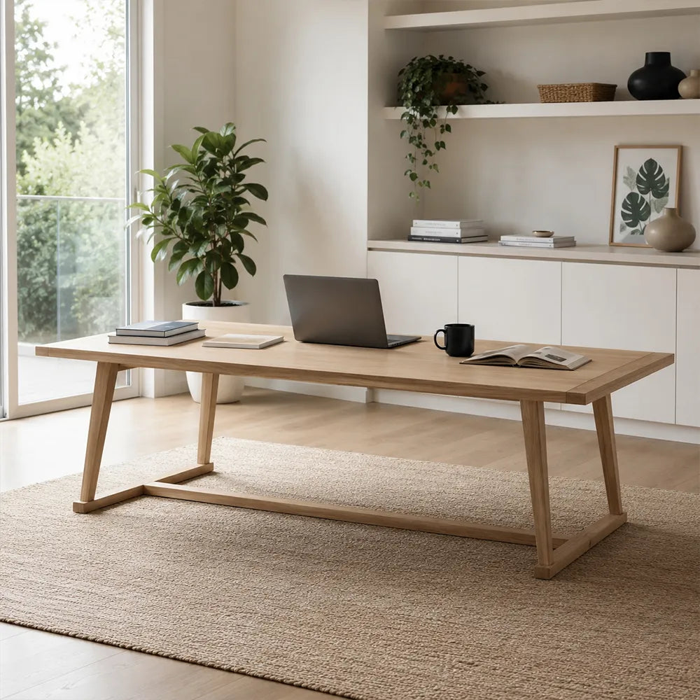 LIVARA Modern Rectangular Solid Pine Wood Dining Table 50mm Thick Top Sturdy Trestle Base 140/160cm for Dining Room Home Office - Natural Wood