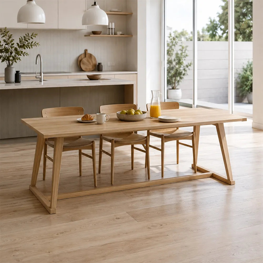 LIVARA Modern Rectangular Solid Pine Wood Dining Table 50mm Thick Top Sturdy Trestle Base 140/160cm for Dining Room Home Office - Natural Wood