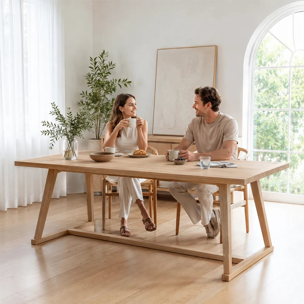 LIVARA Modern Rectangular Solid Pine Wood Dining Table 50mm Thick Top Sturdy Trestle Base 140/160cm for Dining Room Home Office - Natural Wood