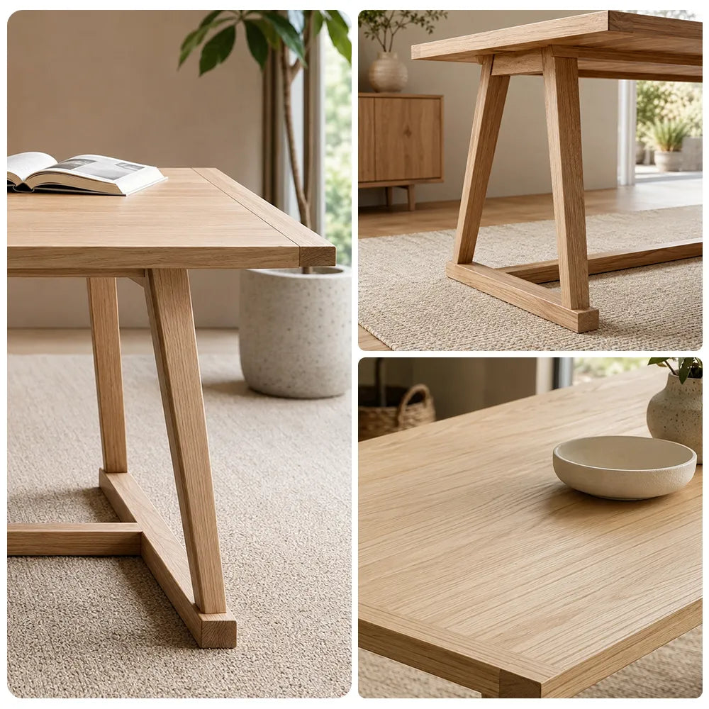 LIVARA Modern Rectangular Solid Pine Wood Dining Table 50mm Thick Top Sturdy Trestle Base 140/160cm for Dining Room Home Office - Natural Wood