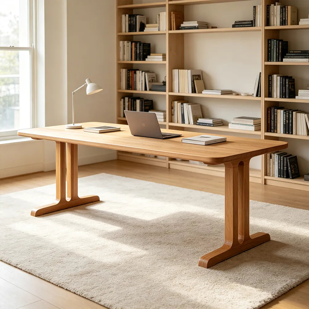 LIVARA Modern Rectangular Solid Pine Wood Dining Table 30mm Thick Top Sturdy T-Shaped Trestle Legs 140/160cm for Dining Room Kitchen - Natural Wood