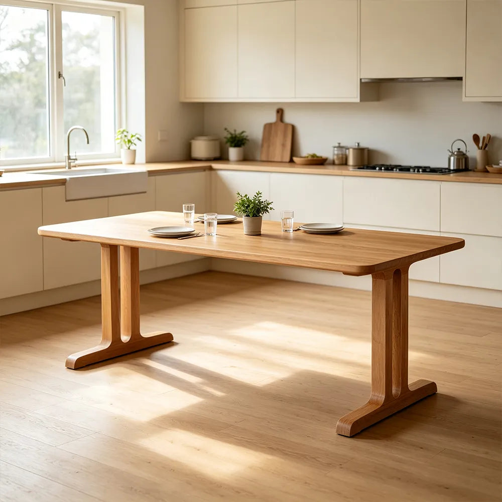 LIVARA Modern Rectangular Solid Pine Wood Dining Table 30mm Thick Top Sturdy T-Shaped Trestle Legs 140/160cm for Dining Room Kitchen - Natural Wood