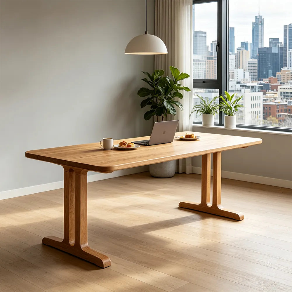 LIVARA Modern Rectangular Solid Pine Wood Dining Table 30mm Thick Top Sturdy T-Shaped Trestle Legs 140/160cm for Dining Room Kitchen - Natural Wood