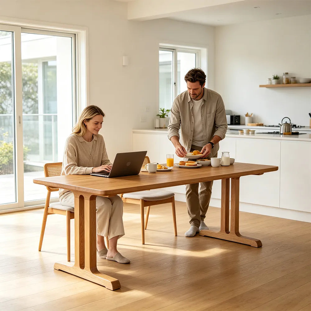 LIVARA Modern Rectangular Solid Pine Wood Dining Table 30mm Thick Top Sturdy T-Shaped Trestle Legs 140/160cm for Dining Room Kitchen - Natural Wood