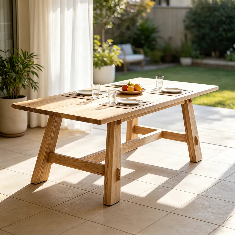 LIVARA Modern Rectangular Solid Pine Wood Dining Table 72mm Thick Top Angled Wooden Legs Reinforced Trestle Frame 140/160cm for Dining Room - Natural Wood