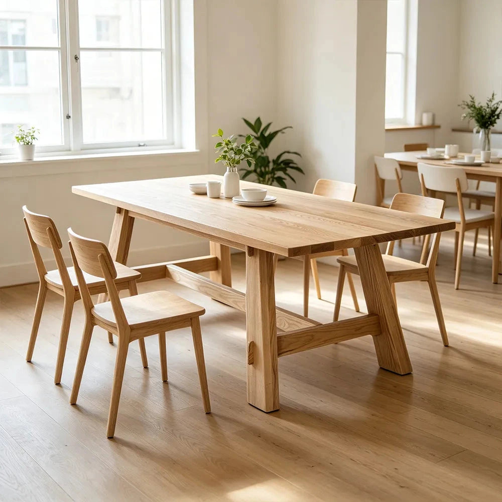 LIVARA Modern Rectangular Solid Pine Wood Dining Table 72mm Thick Top Angled Wooden Legs Reinforced Trestle Frame 140/160cm for Dining Room - Natural Wood