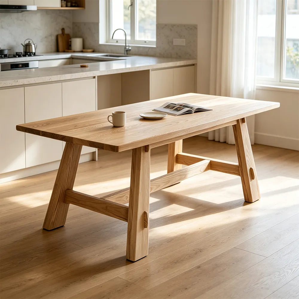 LIVARA Modern Rectangular Solid Pine Wood Dining Table 72mm Thick Top Angled Wooden Legs Reinforced Trestle Frame 140/160cm for Dining Room - Natural Wood