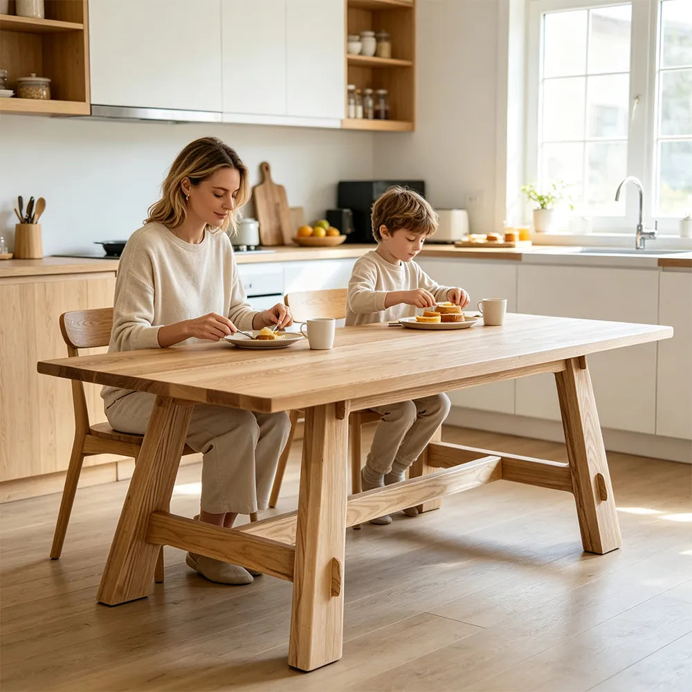 LIVARA Modern Rectangular Solid Pine Wood Dining Table 72mm Thick Top Angled Wooden Legs Reinforced Trestle Frame 140/160cm for Dining Room - Natural Wood