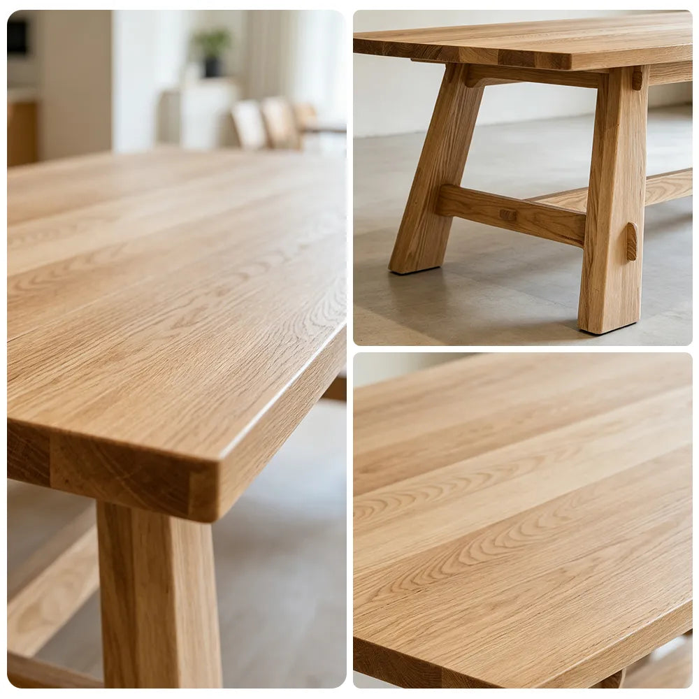 LIVARA Modern Rectangular Solid Pine Wood Dining Table 72mm Thick Top Angled Wooden Legs Reinforced Trestle Frame 140/160cm for Dining Room - Natural Wood
