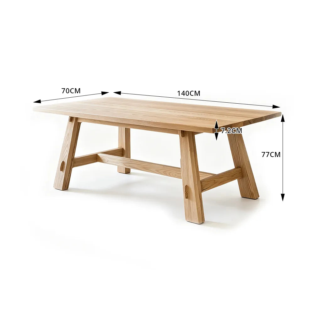 LIVARA Modern Rectangular Solid Pine Wood Dining Table 72mm Thick Top Angled Wooden Legs Reinforced Trestle Frame 140/160cm for Dining Room - Natural Wood
