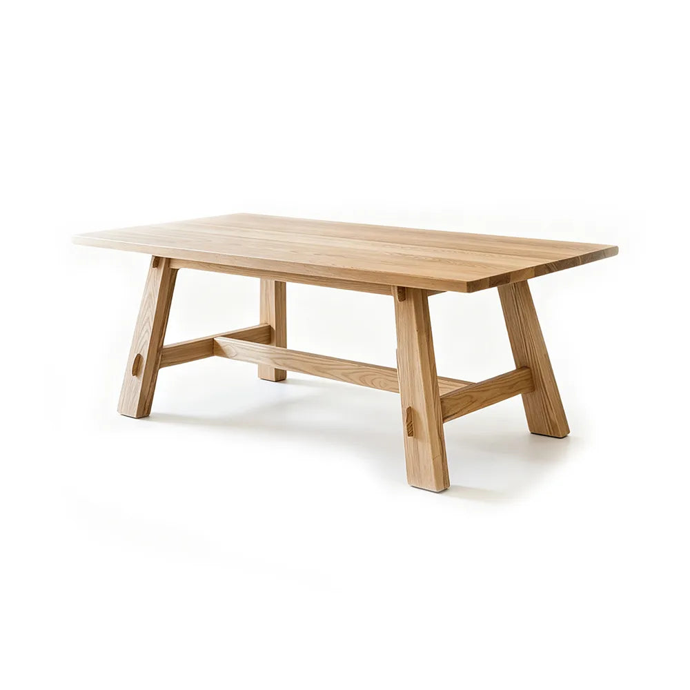 LIVARA Modern Rectangular Solid Pine Wood Dining Table 72mm Thick Top Angled Wooden Legs Reinforced Trestle Frame 140/160cm for Dining Room - Natural Wood