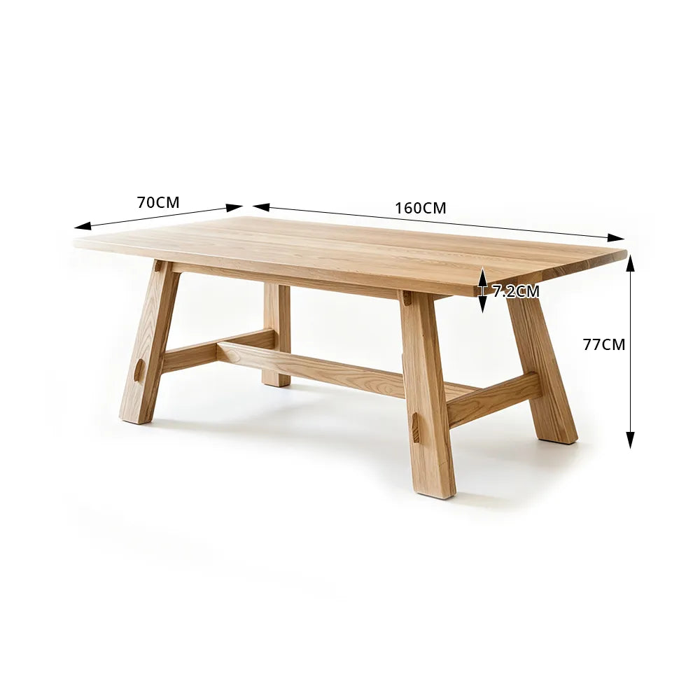 LIVARA Modern Rectangular Solid Pine Wood Dining Table 72mm Thick Top Angled Wooden Legs Reinforced Trestle Frame 140/160cm for Dining Room - Natural Wood