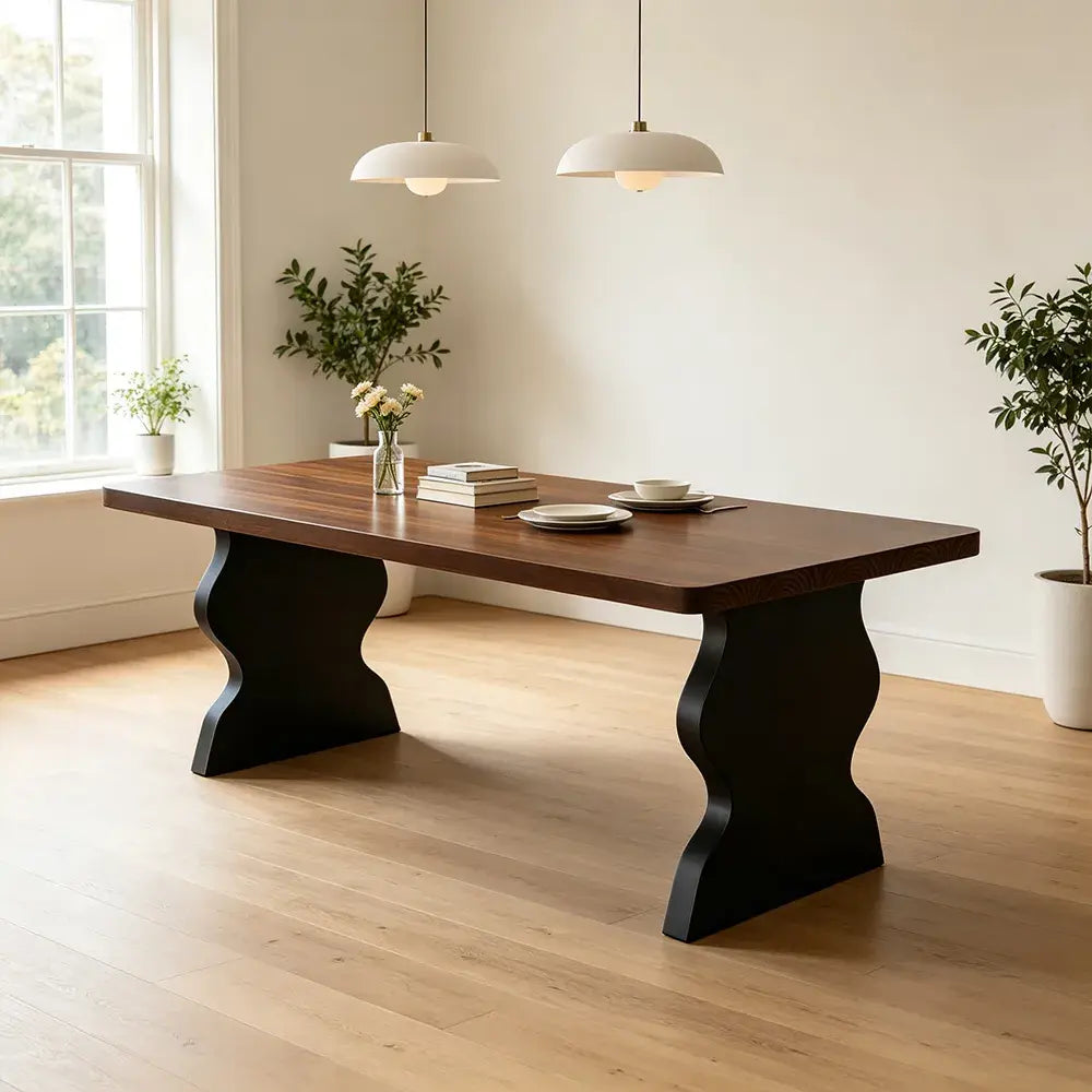 LIVARA Modern Rectangular Solid Pine Wood Dining Table 50mm Thick Walnut Top Sculptural Wave Pedestal Legs 140/160cm for Dining Room Kitchen - Walnut Black