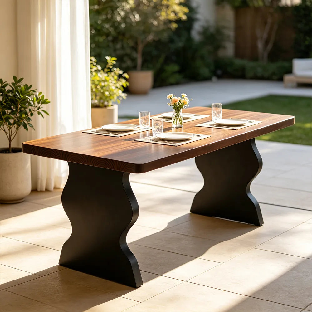 LIVARA Modern Rectangular Solid Pine Wood Dining Table 50mm Thick Walnut Top Sculptural Wave Pedestal Legs 140/160cm for Dining Room Kitchen - Walnut Black