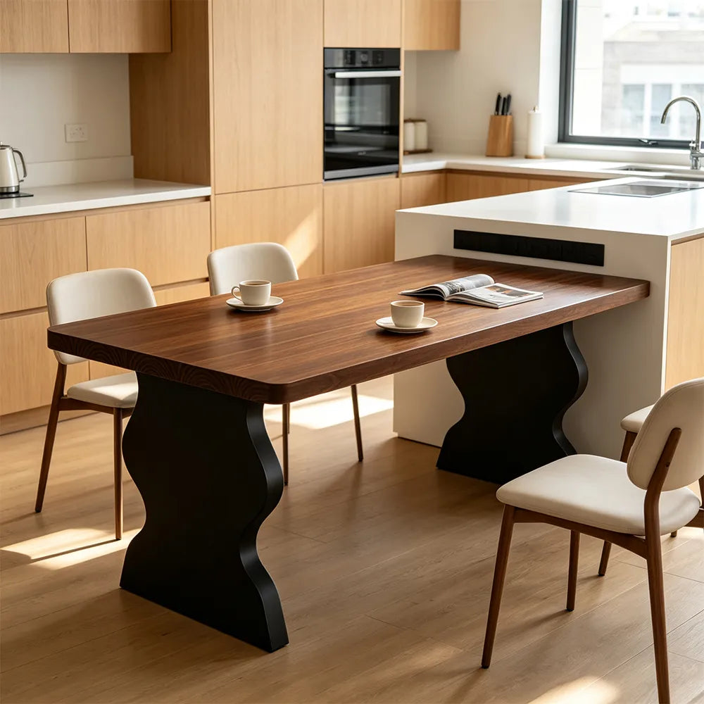 LIVARA Modern Rectangular Solid Pine Wood Dining Table 50mm Thick Walnut Top Sculptural Wave Pedestal Legs 140/160cm for Dining Room Kitchen - Walnut Black