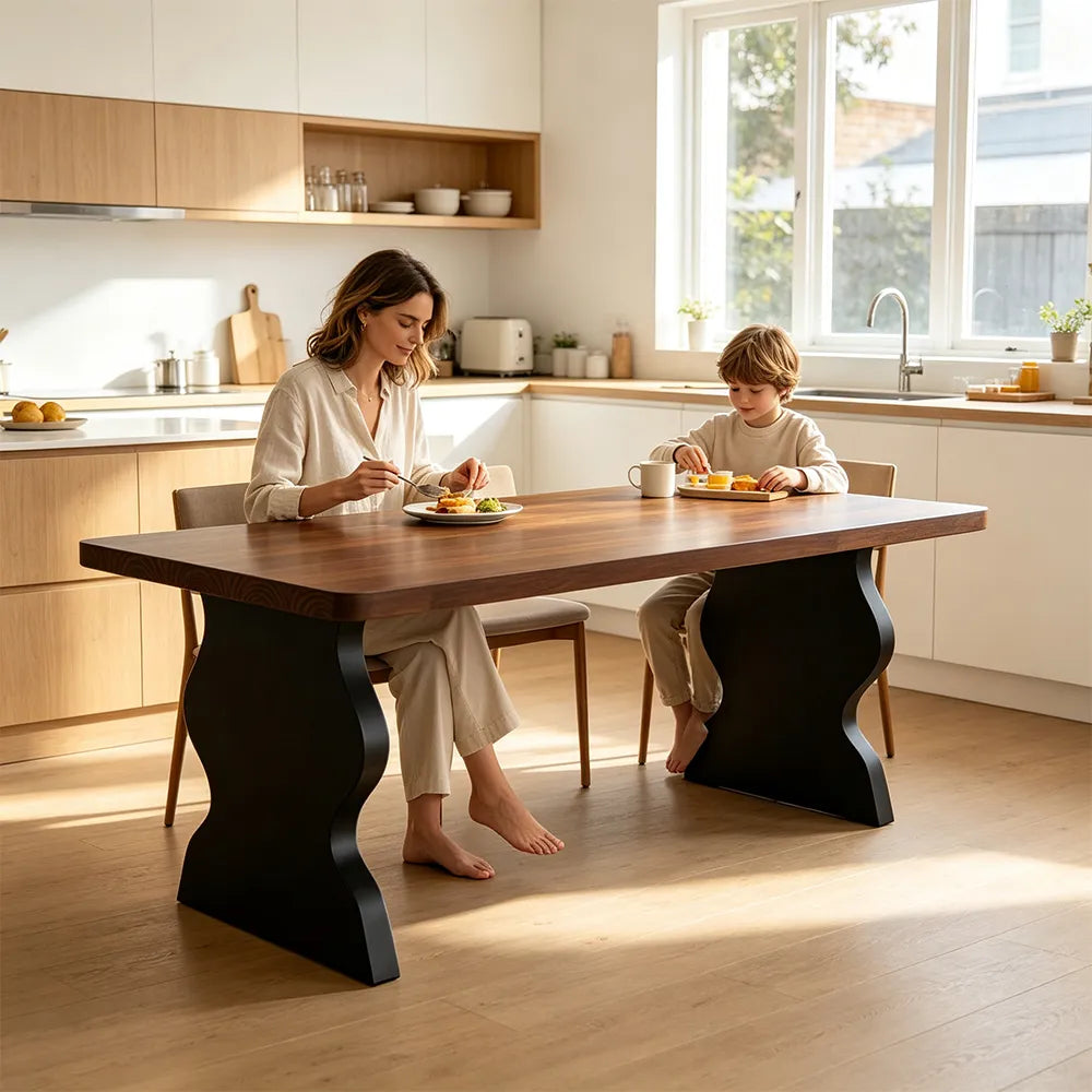 LIVARA Modern Rectangular Solid Pine Wood Dining Table 50mm Thick Walnut Top Sculptural Wave Pedestal Legs 140/160cm for Dining Room Kitchen - Walnut Black