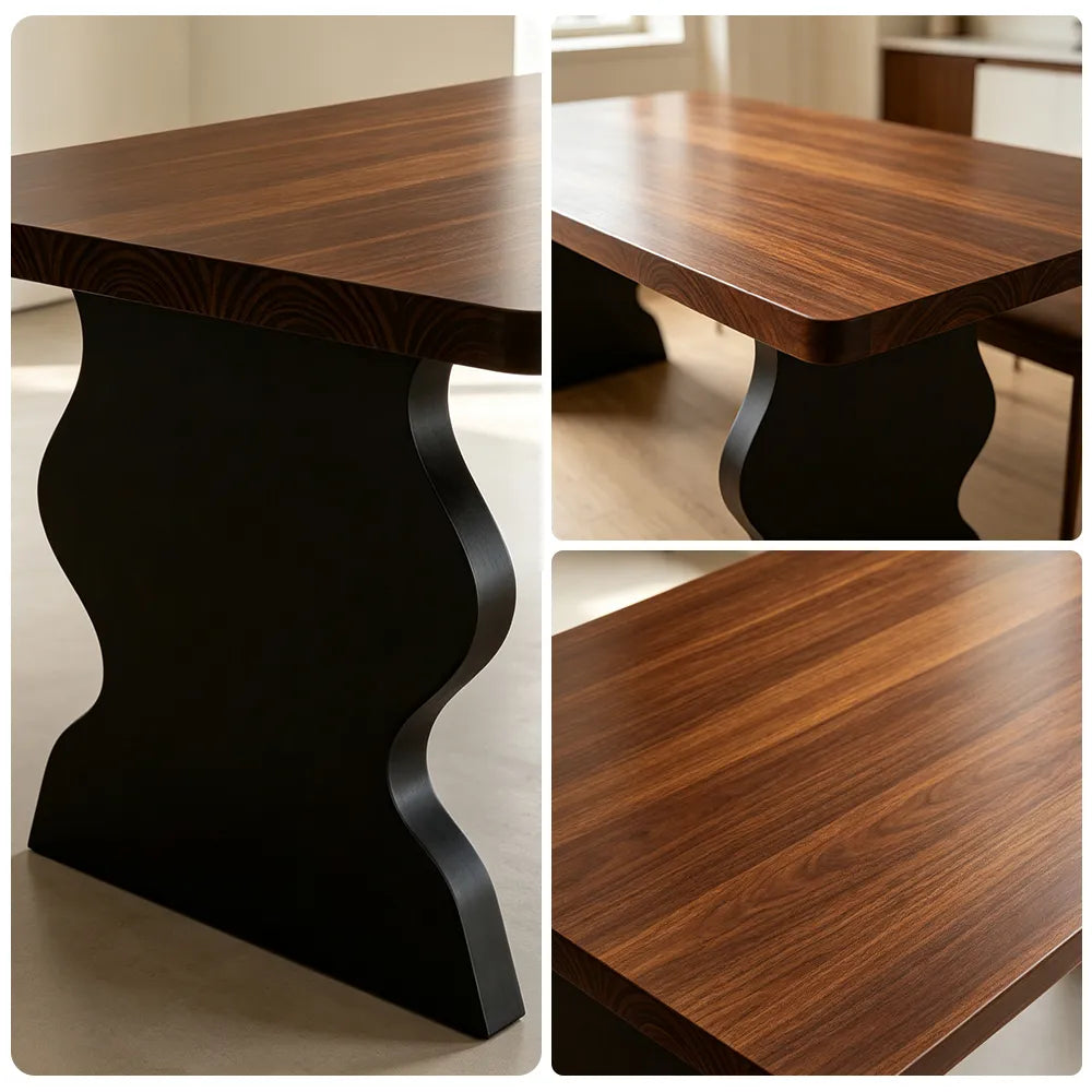LIVARA Modern Rectangular Solid Pine Wood Dining Table 50mm Thick Walnut Top Sculptural Wave Pedestal Legs 140/160cm for Dining Room Kitchen - Walnut Black