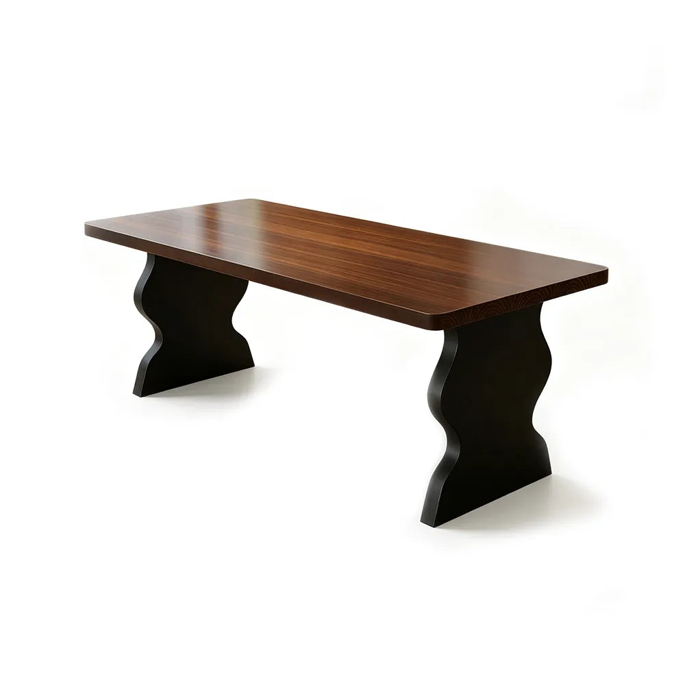 LIVARA Modern Rectangular Solid Pine Wood Dining Table 50mm Thick Walnut Top Sculptural Wave Pedestal Legs 140/160cm for Dining Room Kitchen - Walnut Black