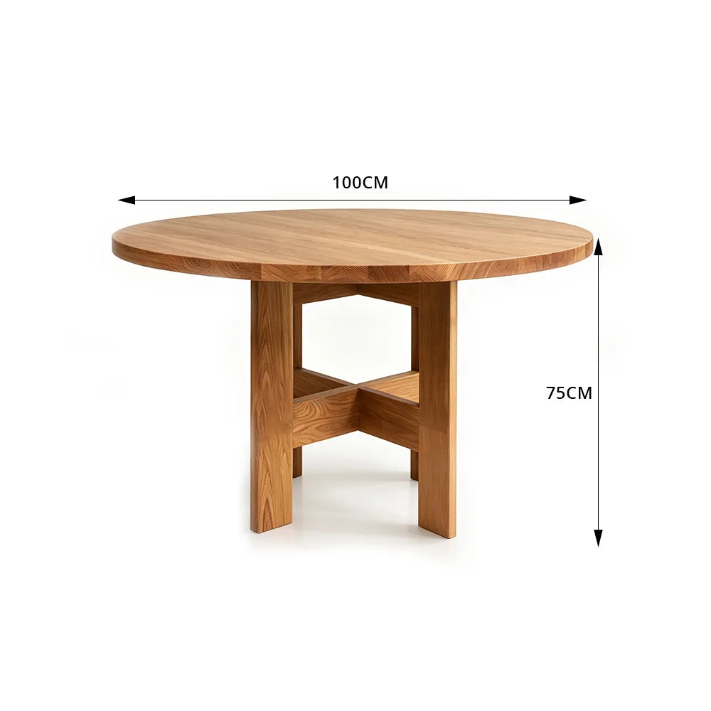 LIVARA Mid Century Round Solid Elm Wood Dining Table Natural Wood Grain Geometric Pedestal Base 90/100cm for Dining Room Kitchen - Vintage Brown