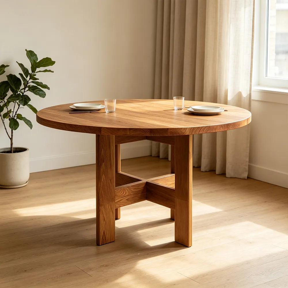 LIVARA Mid Century Round Solid Elm Wood Dining Table Natural Wood Grain Geometric Pedestal Base 90/100cm for Dining Room Kitchen - Vintage Brown